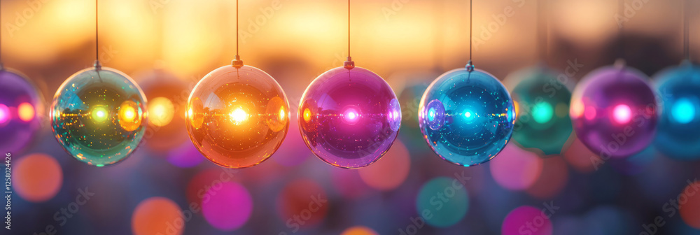 Aufkleber a wide-angle view of disco balls suspended from the ceiling, casting rainbow flares and nostalgic