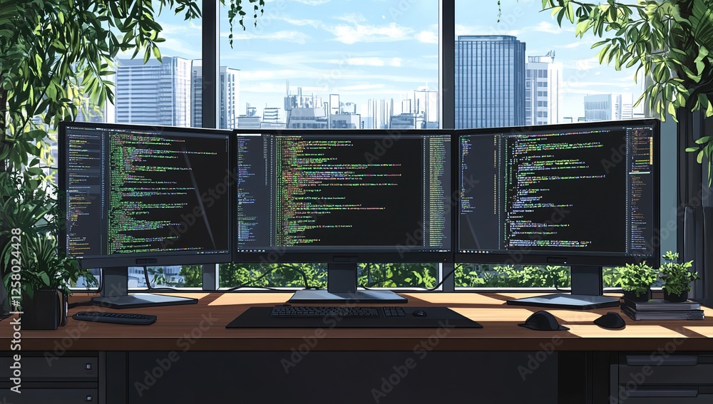 Poster programmer's dream: coding on triple monitors with city view & plants