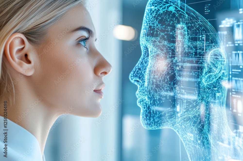 Poster profile view with futuristic ai face interaction