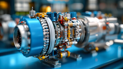 Gas turbine engine cross section display showcasing intricate components and design