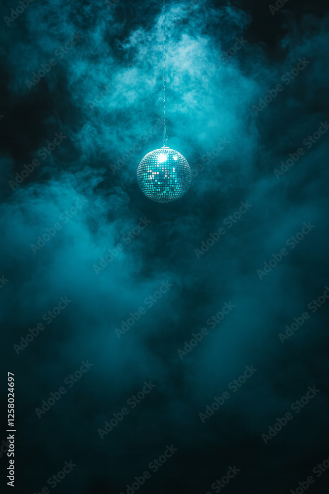 Poster a moody nightclub environment where a single disco ball throws prismatic patterns onto swirling