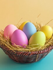 Fototapeta premium An Easter Basket filled with colorful dyed eggs, symbolizing hope and new beginnings for the holiday season.
