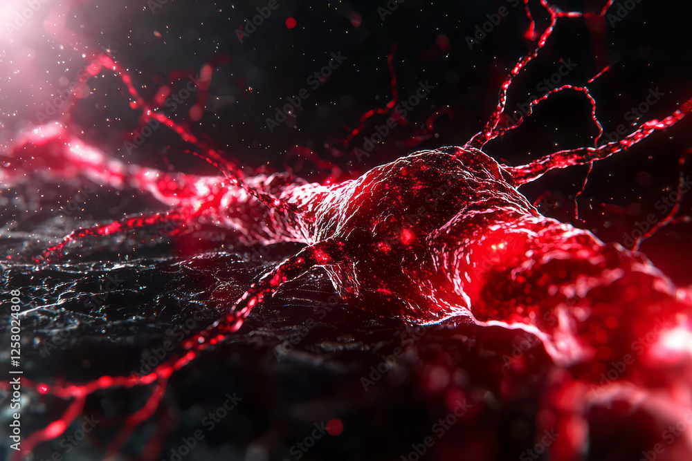 Aufkleber A pulsing red microbe with glowing filaments branching out, each tendril coursing with dynamic