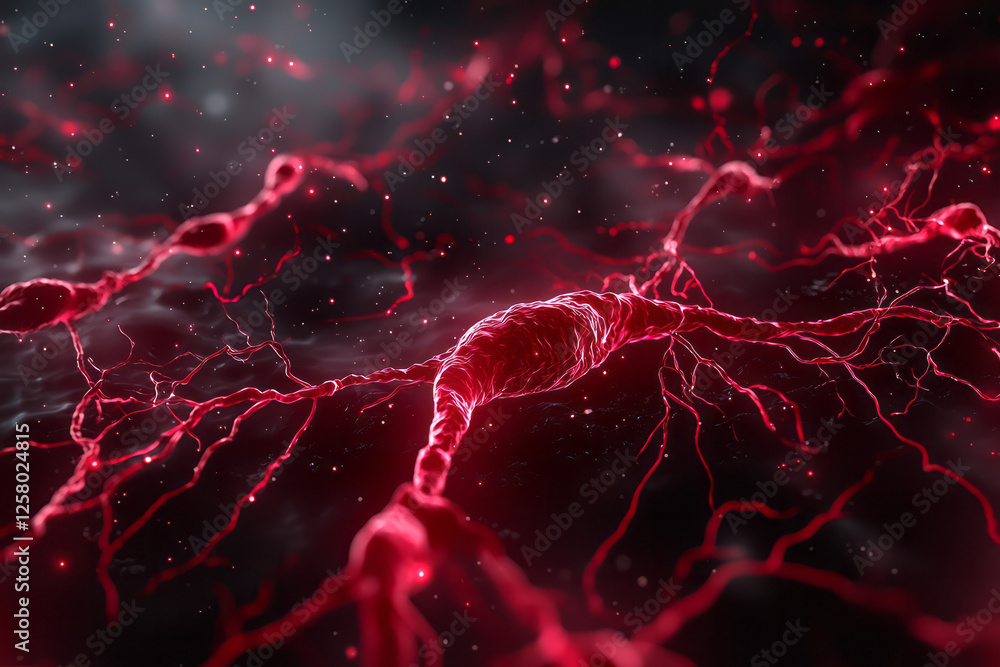Fototapete A pulsing red microbe with glowing filaments branching out, each tendril coursing with dynamic