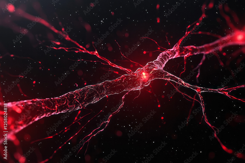 Poster a pulsing red microbe with glowing filaments branching out, each tendril coursing with dynamic