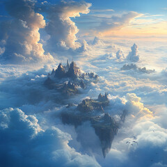 Floating castle among clouds at dawn showcases the beauty of generative AI art in a serene atmosphere. Generative AI