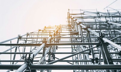 Fototapeta premium Modern Metal Scaffolding Structure Construction Site Industrial Design Upward View