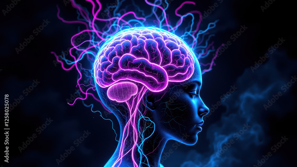 Poster artificial intelligence representation with glowing blue and purple human brain against dark backgro