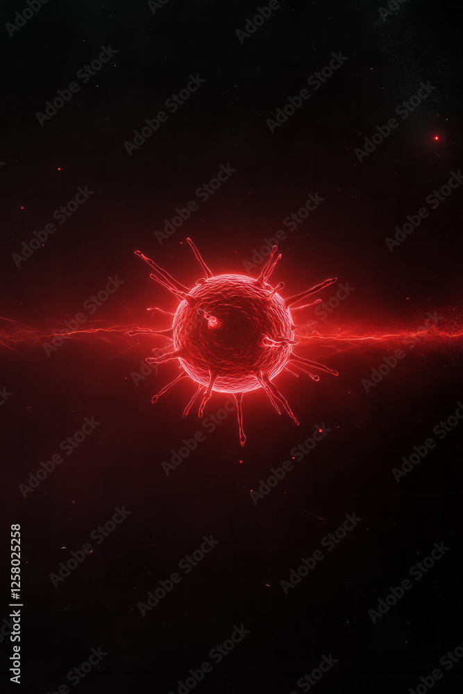 Poster a minimalist environment featuring a pulsating virus orb in vivid scarlet, exuding small shockwaves