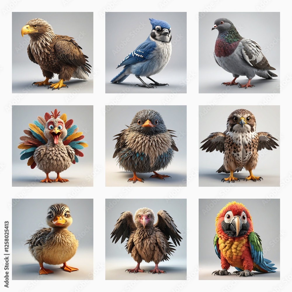 Aufkleber Various cute 3D bird models are displayed in a grid.  Different species with unique feather patterns and poses are shown in a bright setting.