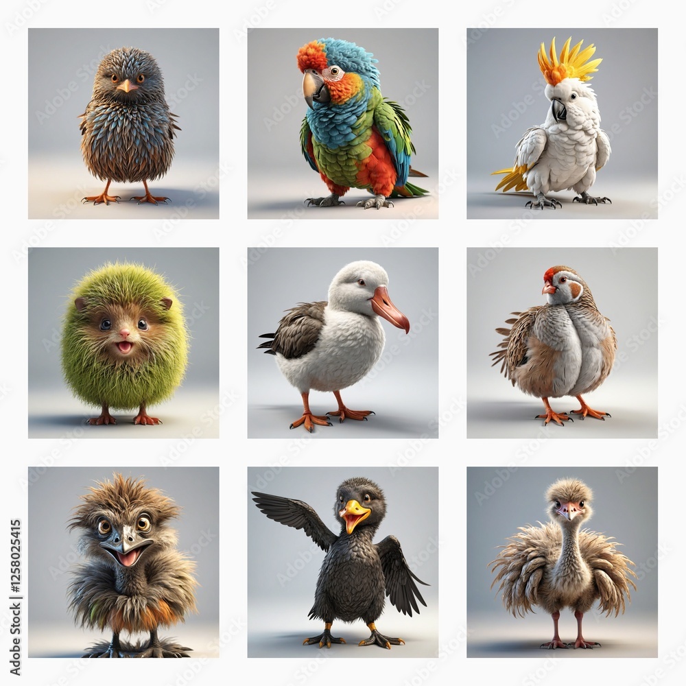 Poster a grid of nine cute 3d bird models showcases diverse avian species. each bird features unique colors