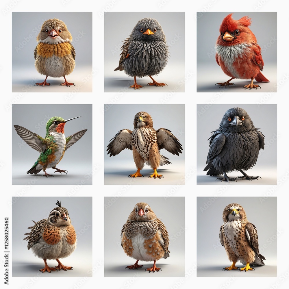 Poster Nine cute 3D bird models are displayed. Each bird has unique plumage and poses against a plain background in a grid layout.