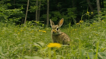 Brown Rabbit Amidst Greenery and Yellow Wildflowers in a Forest Glade Setting on a Sunny Day
