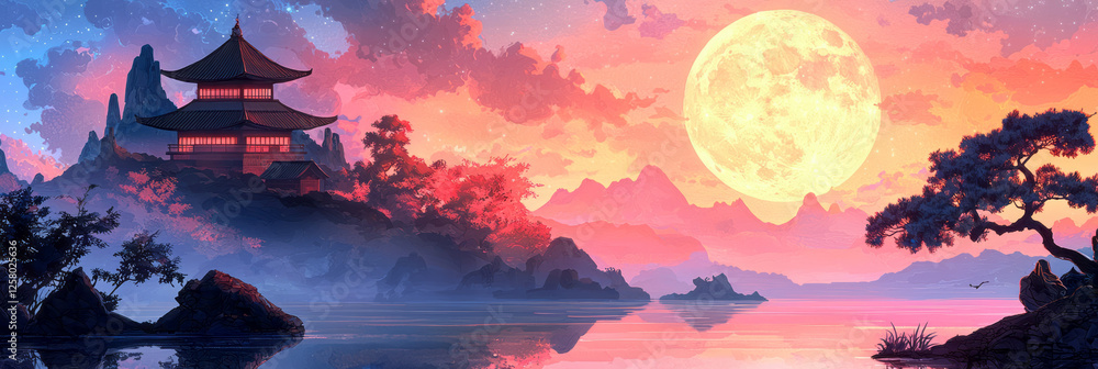 Poster a reflective pond mirroring a softly lit pagoda beneath a bright moon, the entire setting bathed in