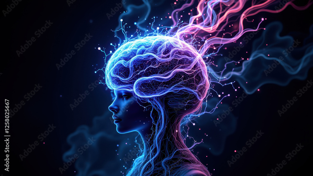 Poster an artistic representation of artificial intelligence with swirling colors emanating from a human he