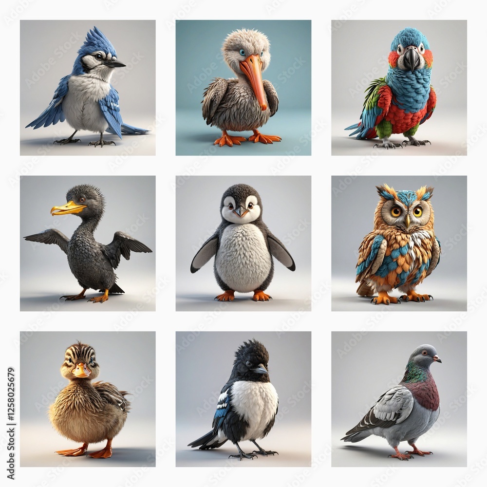 Poster cute 3d bird models showcase a variety of avian species, each rendered with soft textures and bright
