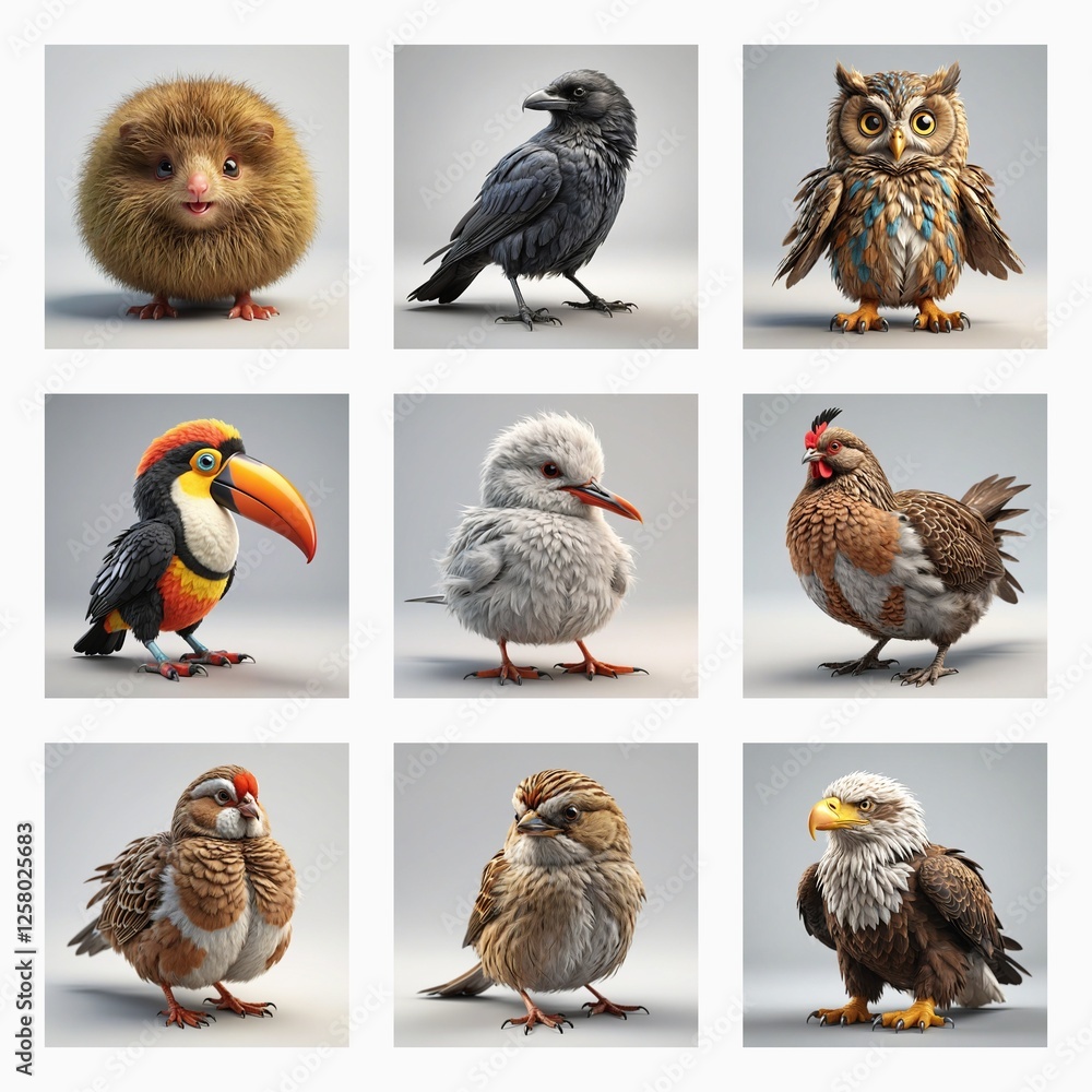 Aufkleber Cute 3D bird models showcase a diverse collection of avian species, rendered with soft textures and charming details. Each bird presents a unique pose, highlighting their individual characteristics.