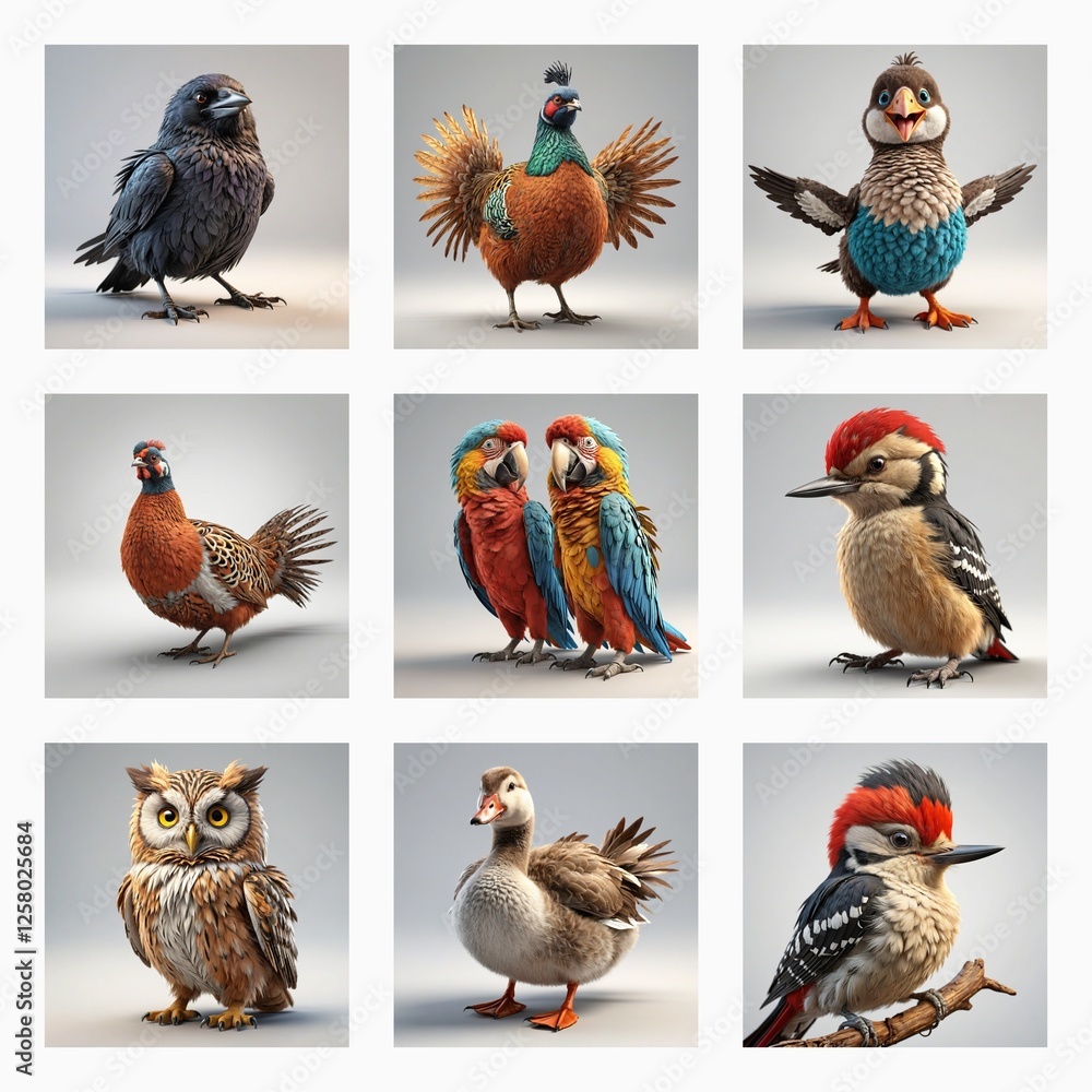 Aufkleber collection of cute 3d bird models. various avian species are showcased with unique features and colo