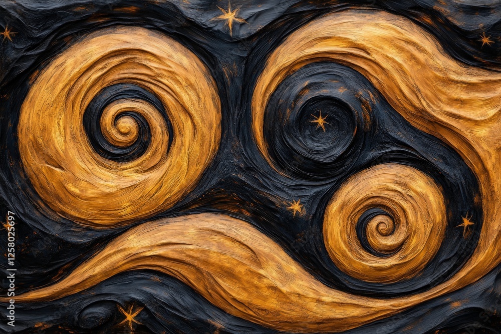 Poster swirls of golden color and deep black create a mesmerizing abstract design reminiscent of a starry n