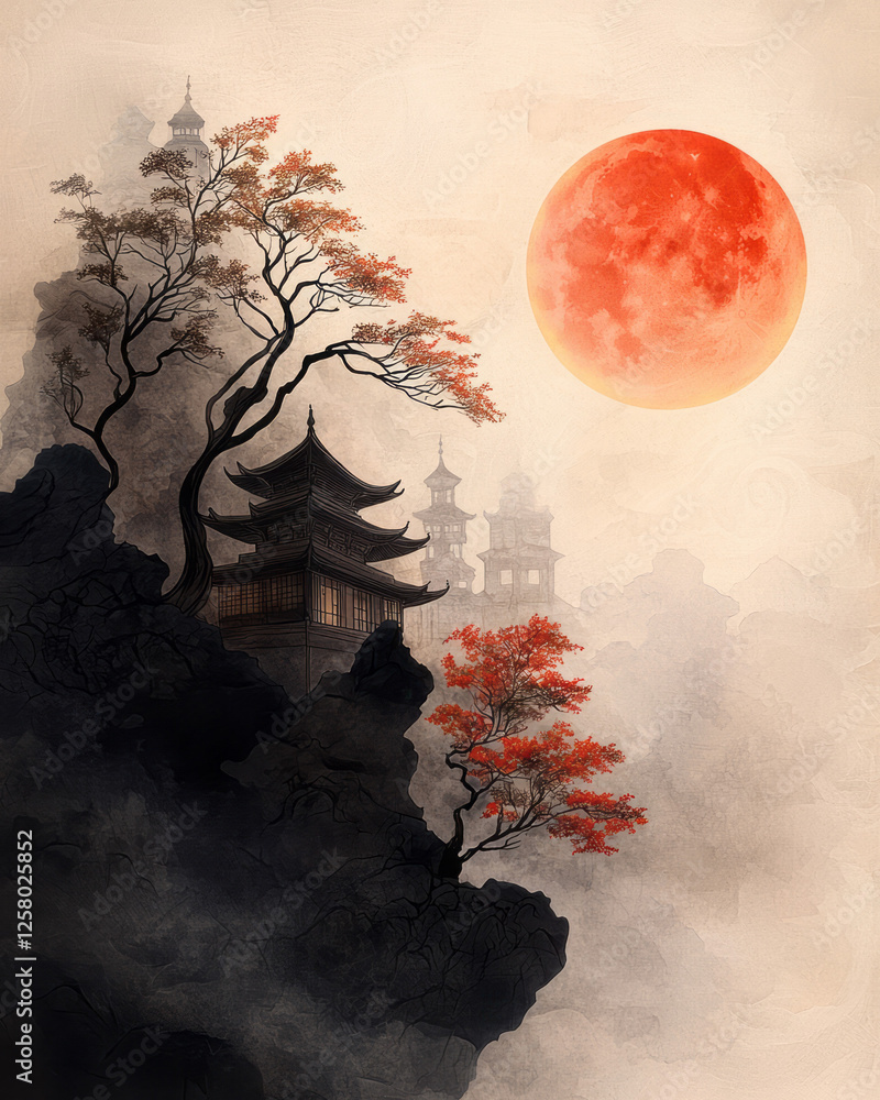 Aufkleber a horizontal frame of mist-laden trees silhouetted against the moon, the faint glow of a distant