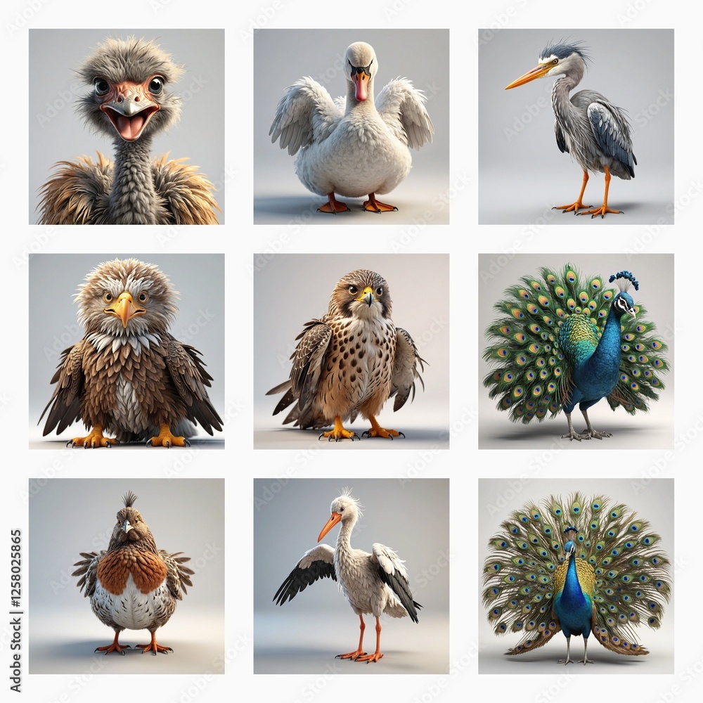 Poster a collection of cute 3d bird models showcases various avian species. each bird is presented in a sim