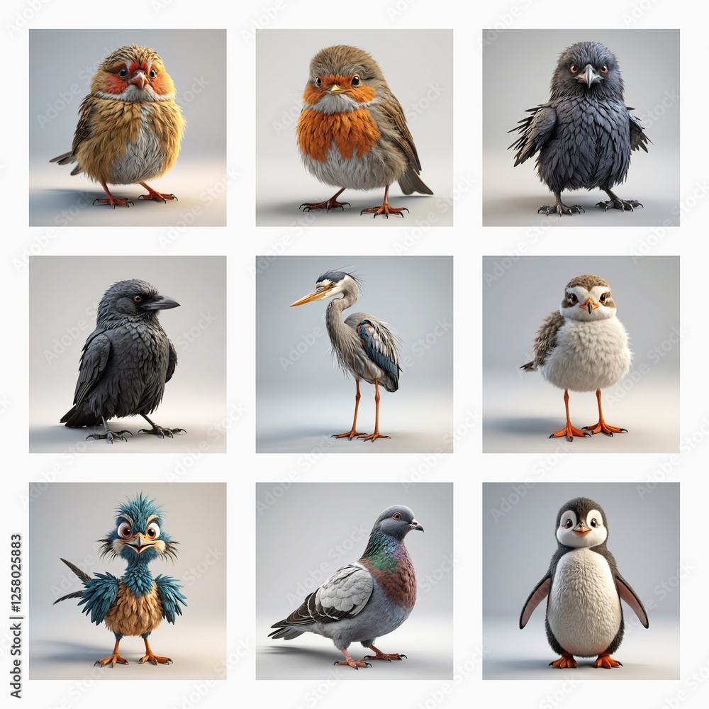 Poster Nine adorable 3D bird models are showcased against a plain backdrop. These cute avian figures display various bird types in a charming, stylized rendering.