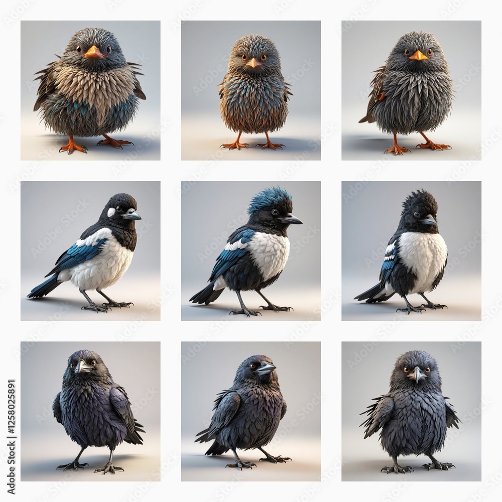 Aufkleber Cute 3d bird models are displayed in a grid. The birds are rendered in different styles and colors, showcasing their fluffy feathers and small beaks.