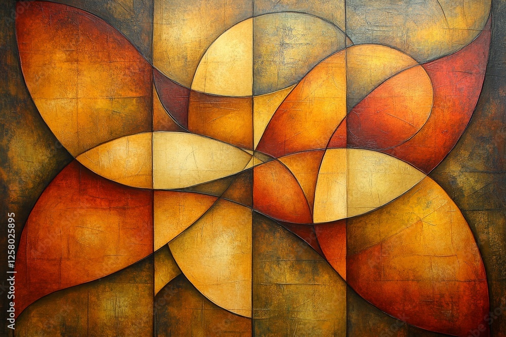Poster abstract artwork featuring warm tones and flowing shapes in a contemporary style, showcasing intrica