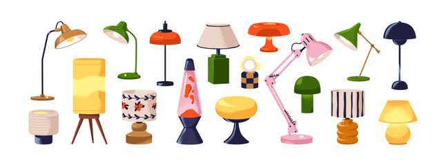 Table lamps set. Modern and retro style electric light decoration. Cozy bedside night decor and desktop illumination with lampshade designs. Flat vector illustration isolated on white background