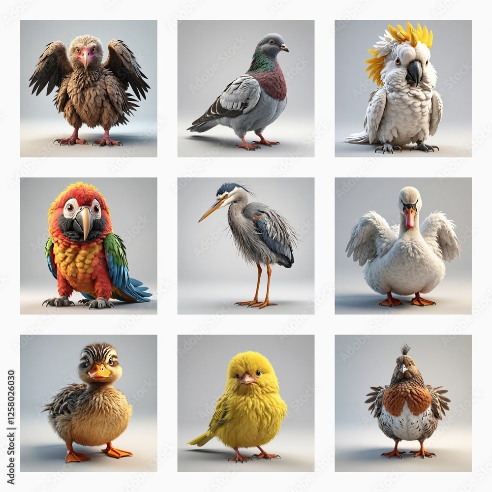 Aufkleber Cute 3d bird models are showcased in a grid. Various avian species are rendered with soft textures and expressive eyes, creating a charming collection.