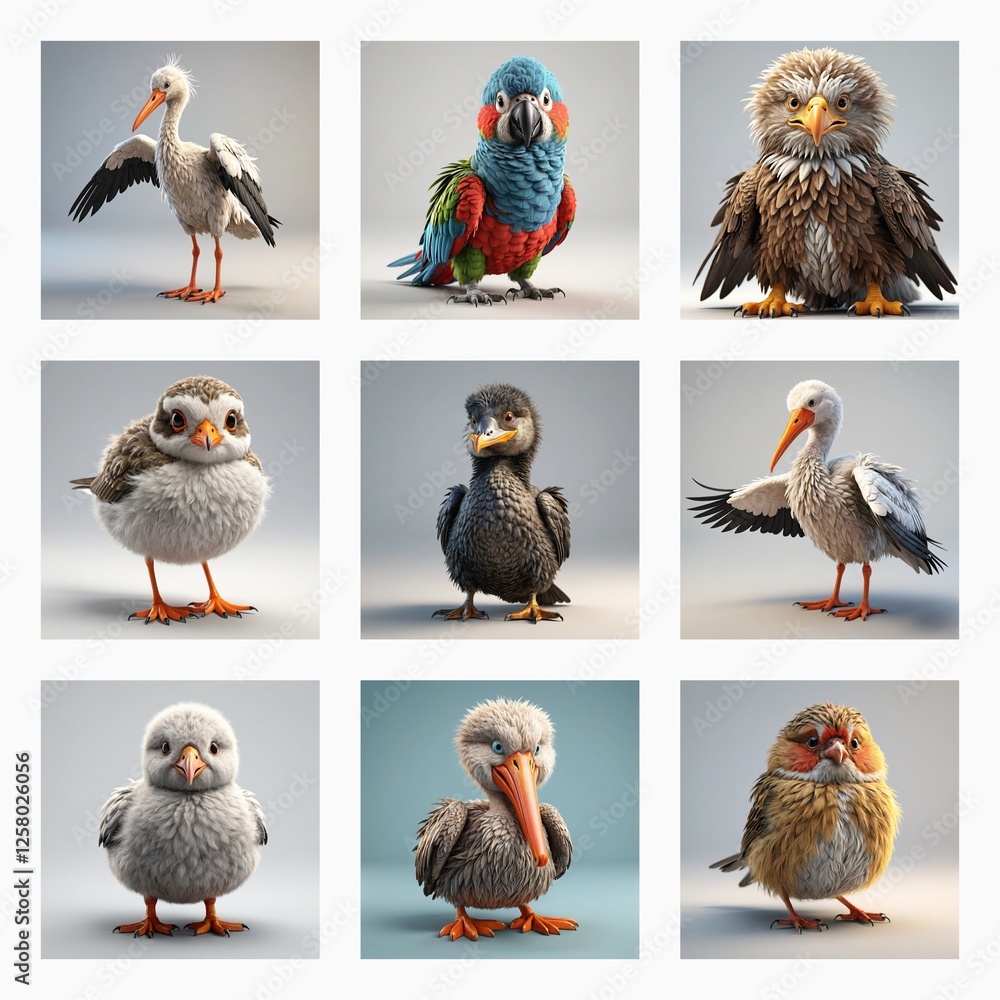 Aufkleber charming collection of nine cute 3d bird models. each avian figure showcases unique plumage and pose