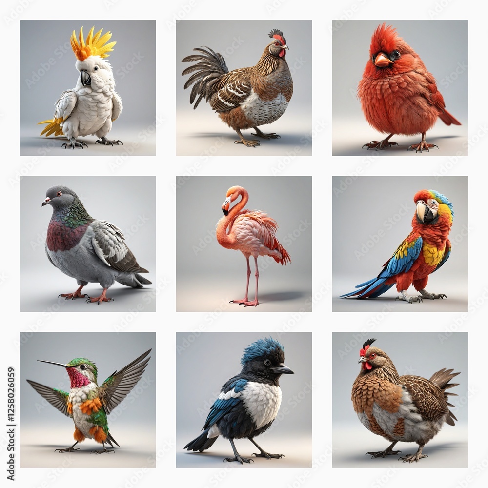 Poster cute 3d bird models showcase diverse avian species, from a crested cockatoo to a vibrant hummingbird