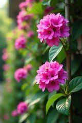 Delicate pink and purple fuchsia flowers blooming on a trellis, LANTANA,
