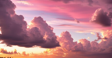 Soft clouds glowing pink at sunset, symbolizing the warmth of a perfect ending to the day, captured in bright, colorful light, evoking tranquility and peaceful beauty