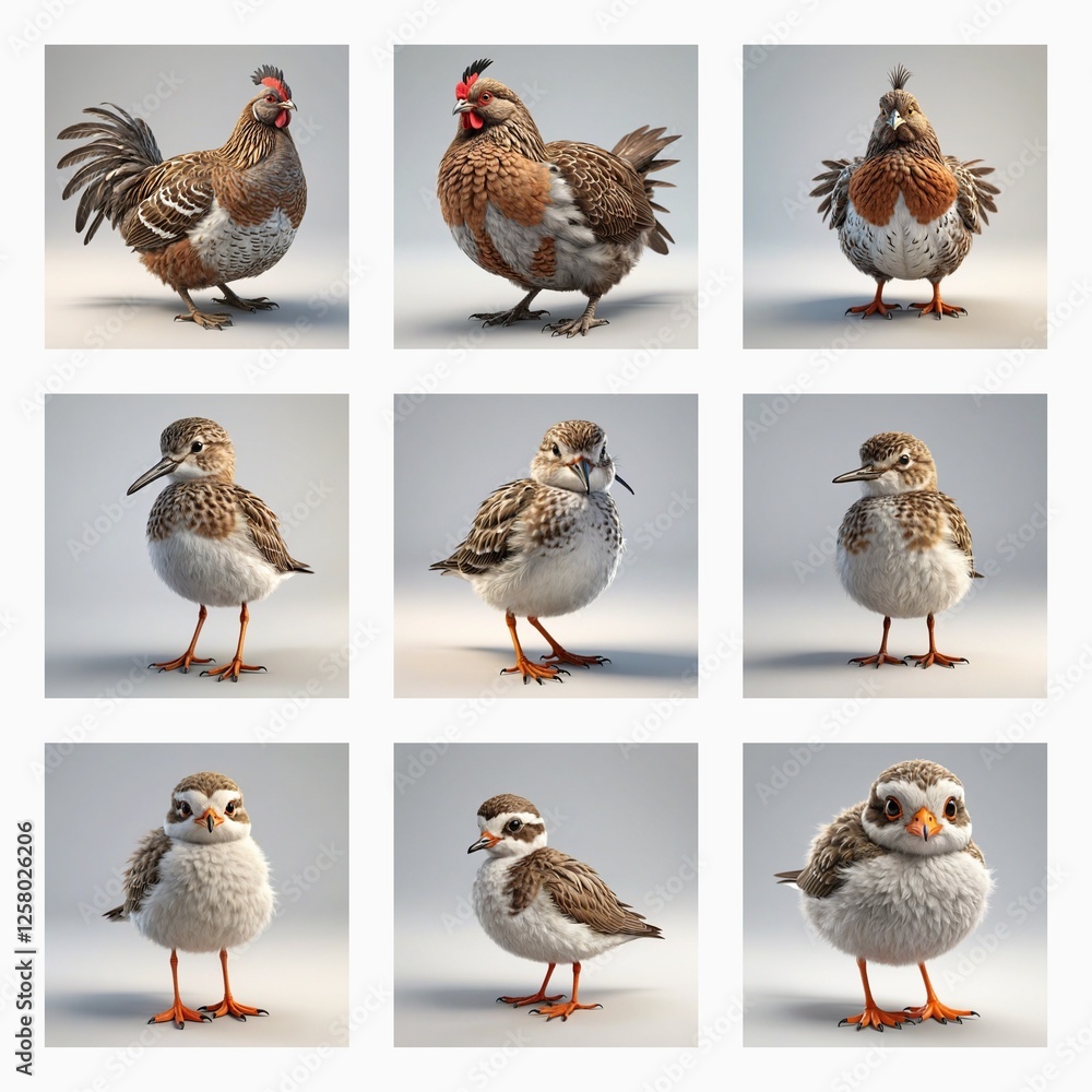 Poster Cute 3d bird models showcase various avian species. The collection features chickens and smaller birds with detailed feathers and poses.