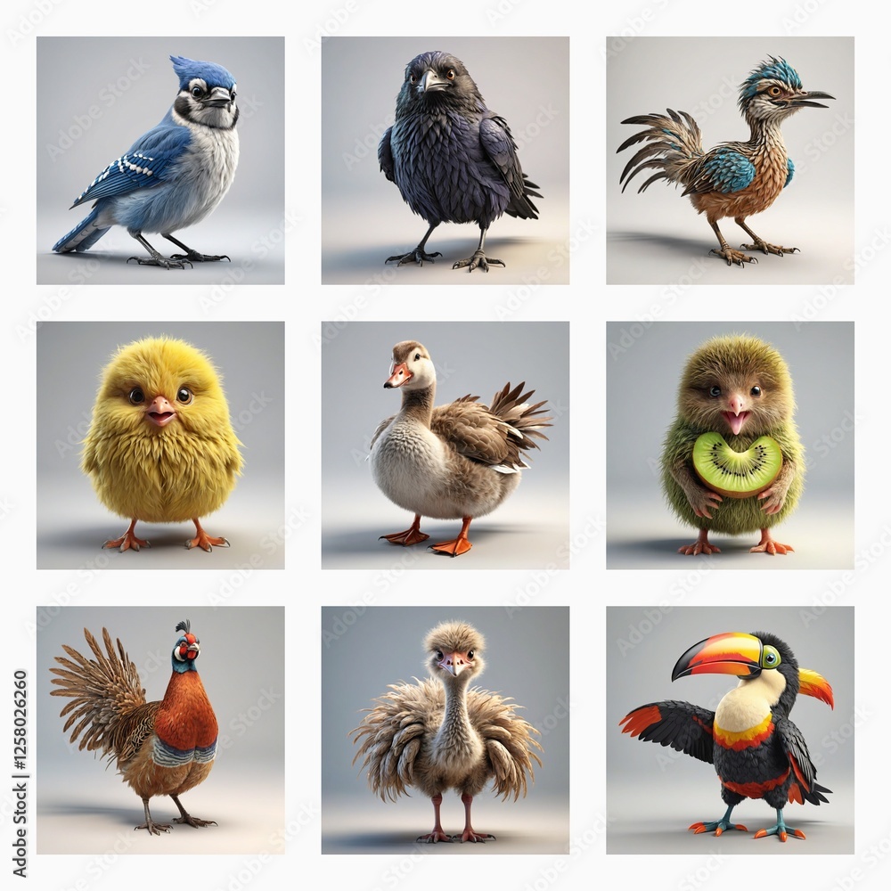 Poster cute 3d bird models showcase a variety of charming avian species. these digitally rendered birds pre