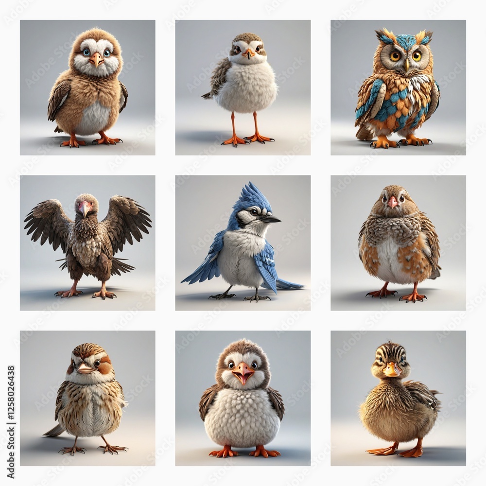 Aufkleber Cute 3D bird models showcase various avian species in charming poses. These digital renderings highlight fluffy feathers and expressive features, creating adorable animal illustrations.