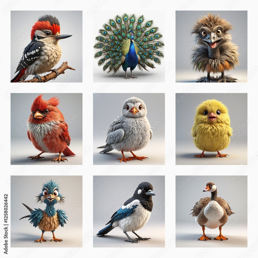 Poster a collection of nine cute 3d bird models, showcasing a variety of avian species in a charming and st