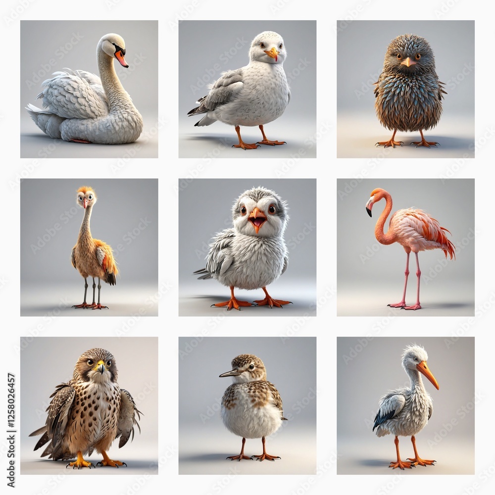 Fototapete Cute 3d bird models are showcased in a grid.  Each bird displays unique plumage and poses, creating a charming collection of avian representations.