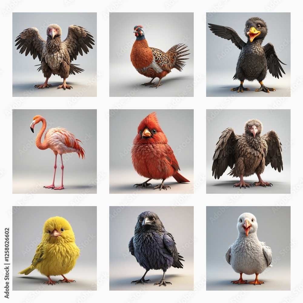 Poster adorable 3d bird model showcase. various avian species, from flamingo to eagle, displayed in a cute,