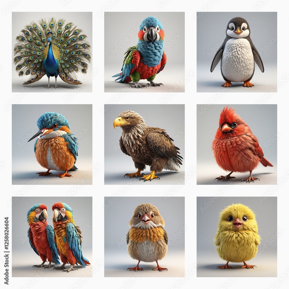 Poster nine adorable 3d bird models showcase diverse avian species in a charming collection. each cute crea