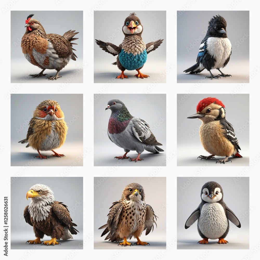 Poster Nine cute 3D bird models are displayed in a grid.  Various avian species are showcased with a soft, rendered style.  Each bird is presented as a digital representation.