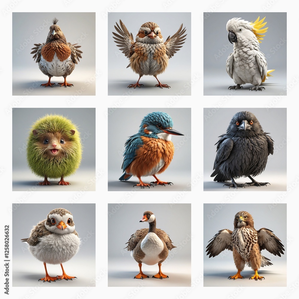 Poster cute 3d bird models showcase diverse avian species in various poses against a plain backdrop, render