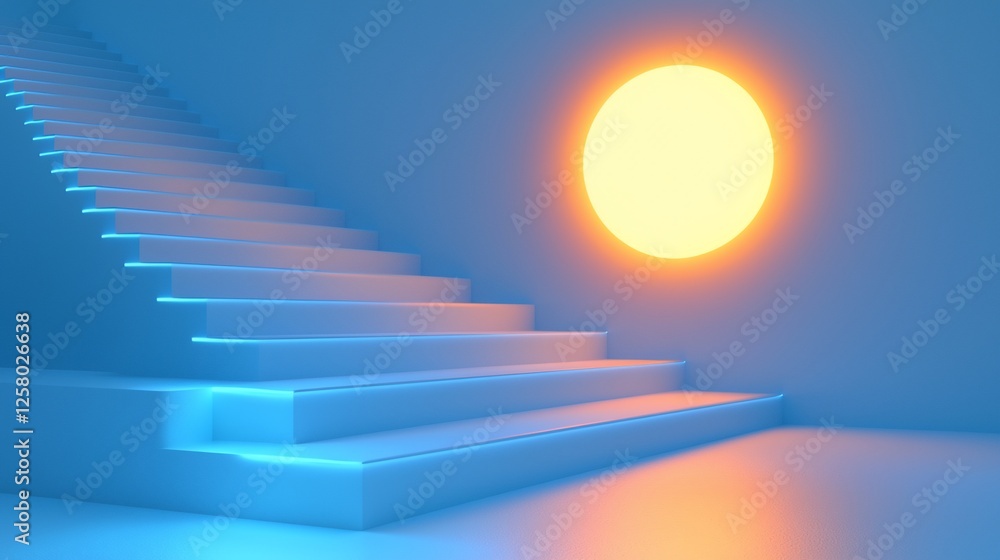 Poster blue lit stairs ascend towards a warm light; abstract background