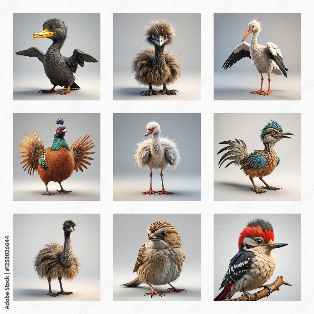 Poster cute 3d bird models showcase various avian species in a cartoonish style. these charming digital ren