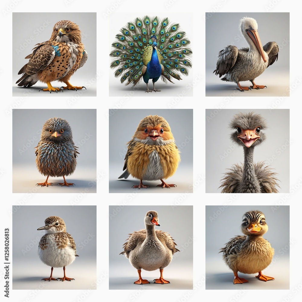 Poster nine cute 3d bird models are showcased, each a unique avian species rendered in a charming and delig