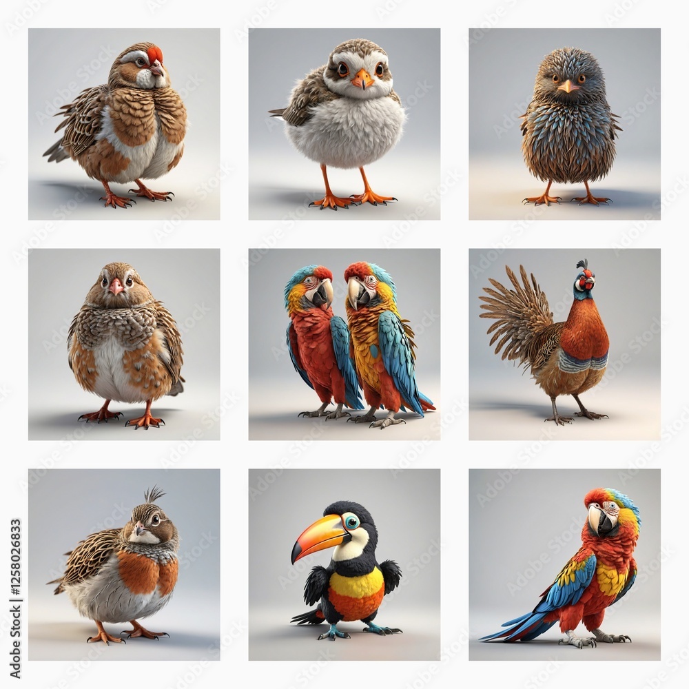Poster This image showcases a collection of nine cute 3D bird models in various poses. They appear soft and fluffy with a variety of colors and species.