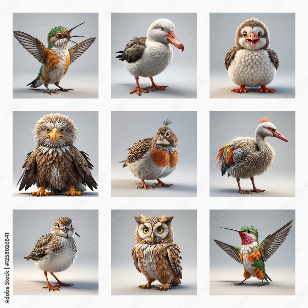 Poster A grid of nine cute 3D bird models showcasing various avian species. Each bird is uniquely designed and rendered in a charming, cartoonish style.