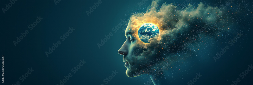 Poster a dreamlike visual where half of a manâ€™s face transitions into a vivid earth globe, floating