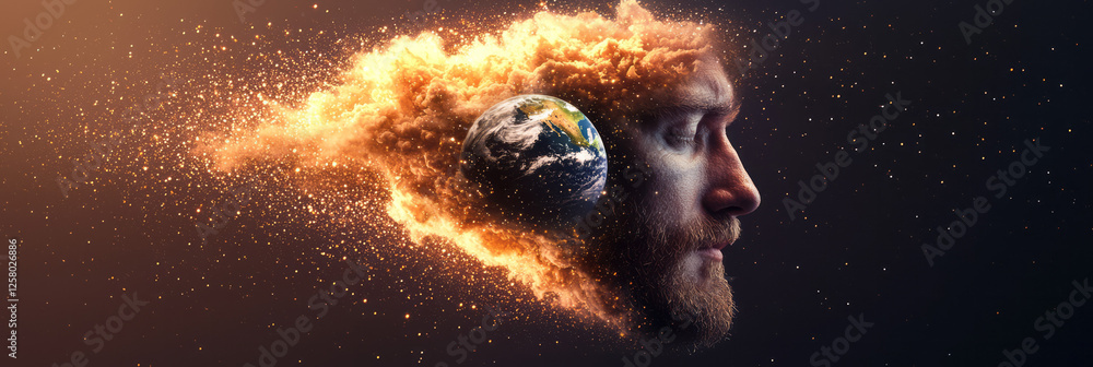 Poster A dreamlike visual where half of a manâ€™s face transitions into a vivid Earth globe, floating
